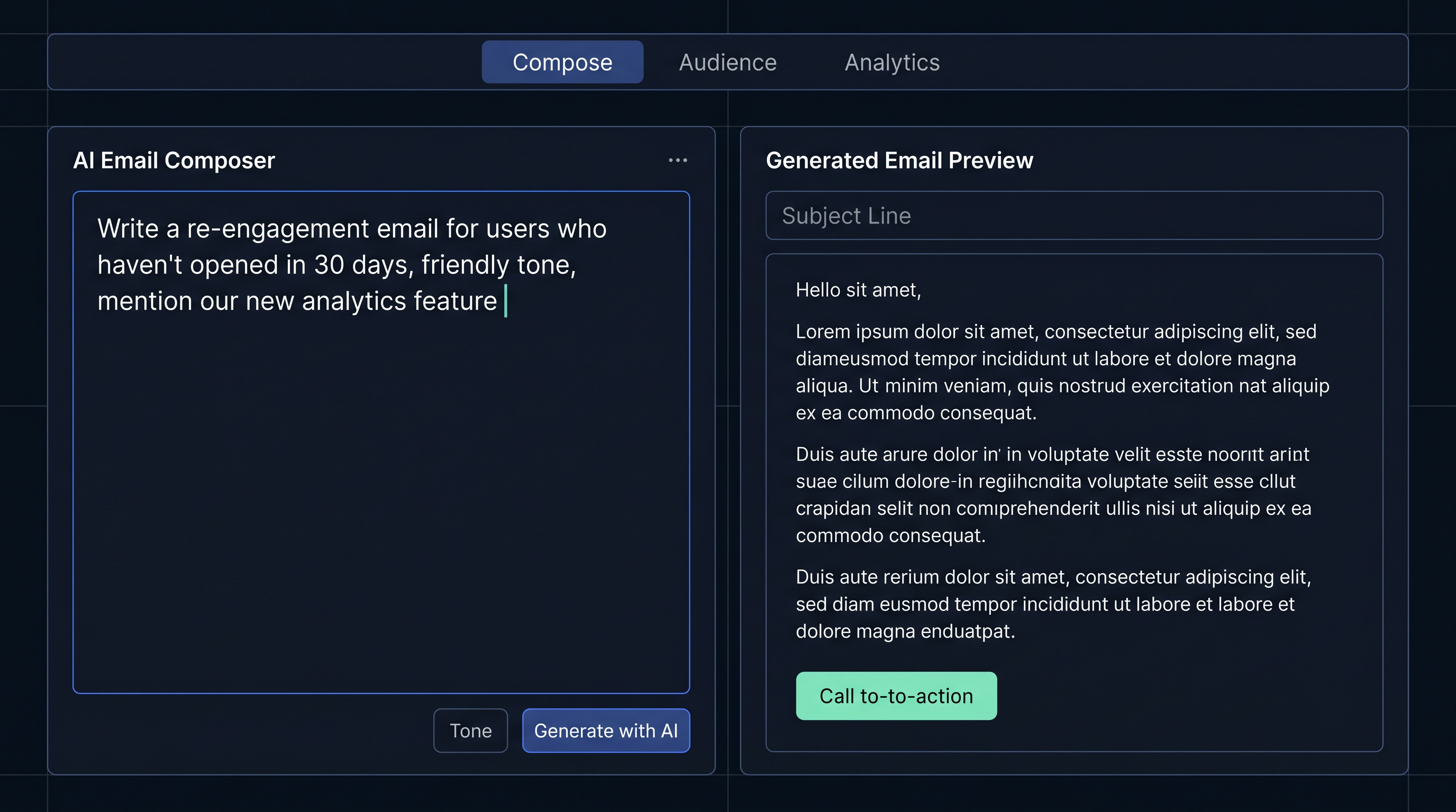 Notification Harbor composer — type a plain-English prompt on the left, see the personalized email preview render on the right.